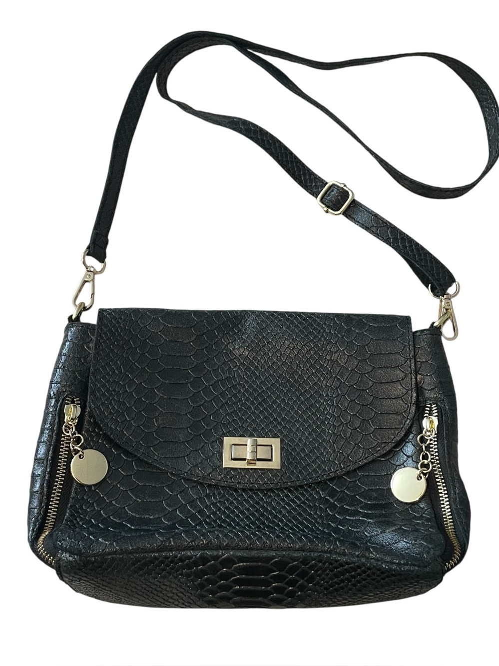 Roberta M. Black Croc Embossed Leather Made In Italy Crossbody Shoulder Bag
